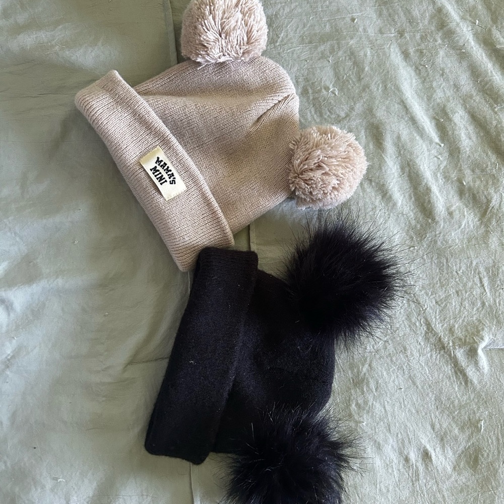 Kids Pom Beanie - Beige and Black